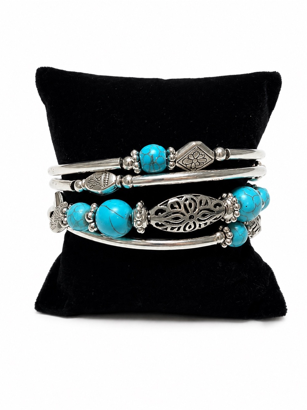 Turquoise Bead Silver-Tone Spiral Cuff Bracelet Set